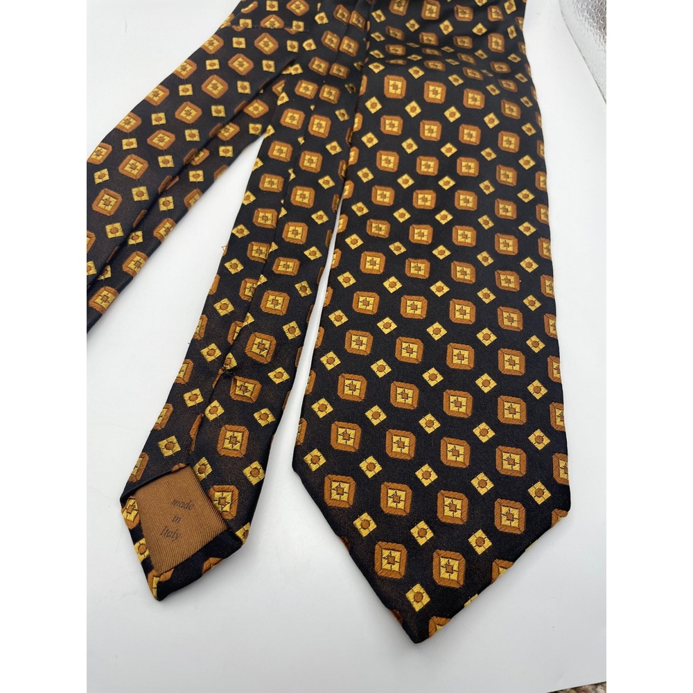 Tino Cosma Italy Silk Necktie Black Gold Geometric Medallion Pattern Mens Tie